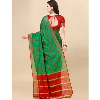 Women's Cotton Silk Checkered Saree With Unstitched Blouse 5.5Mtr (Dark Green)