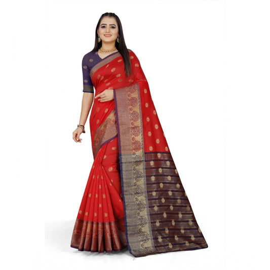 Women's Jacquard Woven Saree With Unstitched Blouse 5.5Mtr (Red)