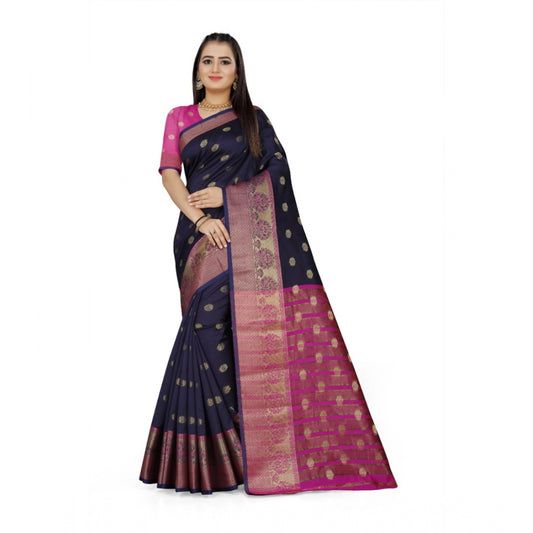 Women's Jacquard Woven Saree With Unstitched Blouse 5.5Mtr (Dark Blue)