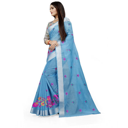 Women's Cotton Silk Embroidered Saree With Unstitched Blouse 5.5Mtr (Light Blue)