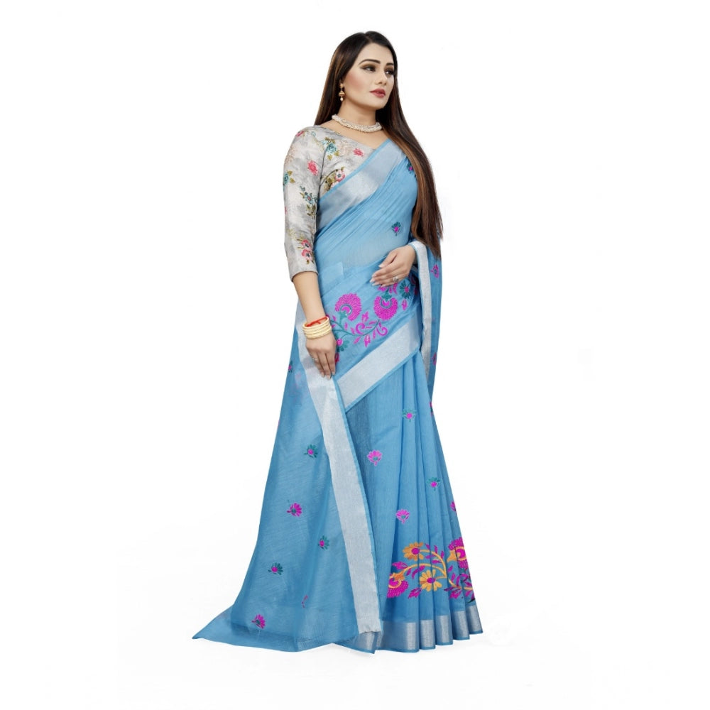 Women's Cotton Silk Embroidered Saree With Unstitched Blouse 5.5Mtr (Light Blue)