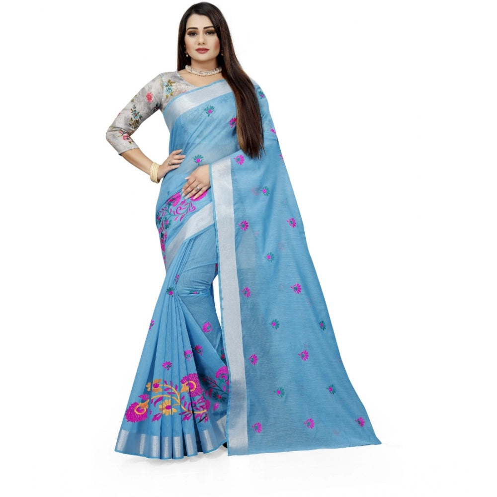 Women's Cotton Silk Embroidered Saree With Unstitched Blouse 5.5Mtr (Light Blue)