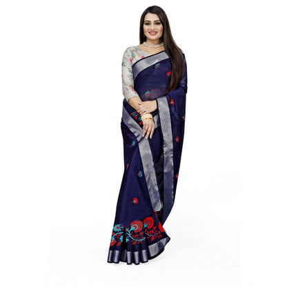 Women's Cotton Silk Embroidered Saree With Unstitched Blouse 5.5Mtr (Dark Blue)