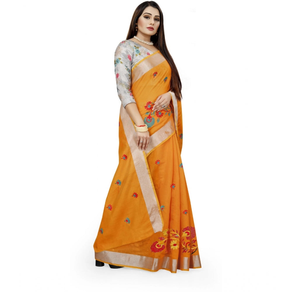 Women's Cotton Silk Embroidered Saree With Unstitched Blouse 5.5Mtr (Yellow)