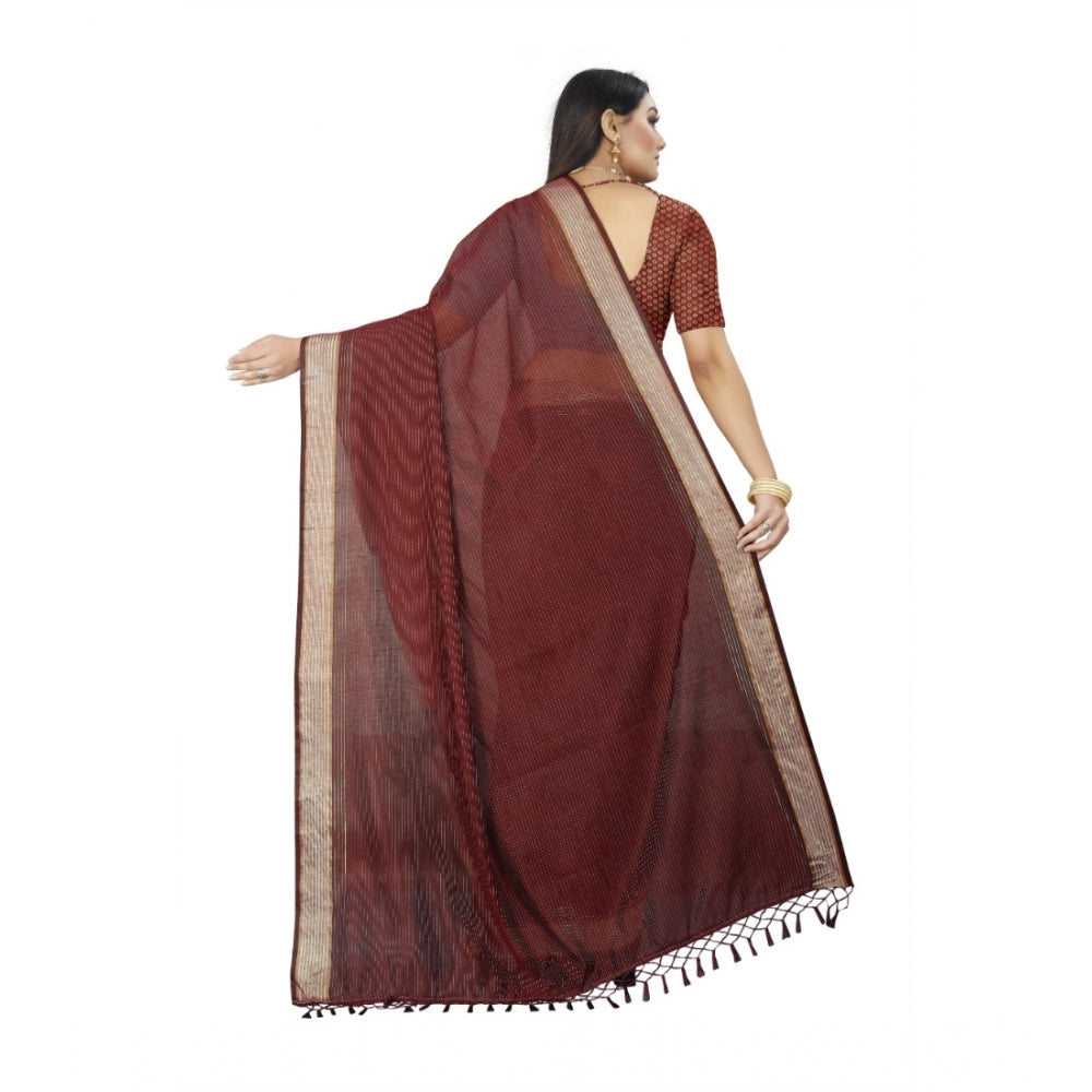 Women's Cotton Blend Solid/Plain Saree With Unstitched Blouse 5.5Mtr (Maroon)