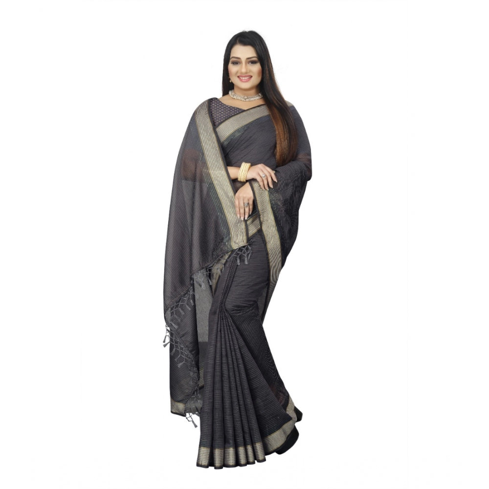 Women's Cotton Blend Solid/Plain Saree With Unstitched Blouse 5.5Mtr (Grey)