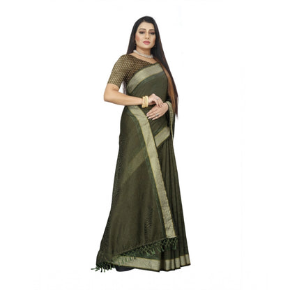 Women's Cotton Blend Solid/Plain Saree With Unstitched Blouse 5.5Mtr (Green)