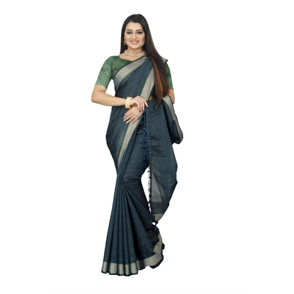 Women's Cotton Blend Solid/Plain Saree With Unstitched Blouse 5.5Mtr (Dark Green)