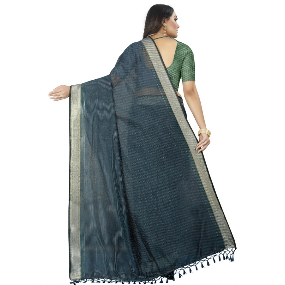 Women's Cotton Blend Solid/Plain Saree With Unstitched Blouse 5.5Mtr (Dark Green)