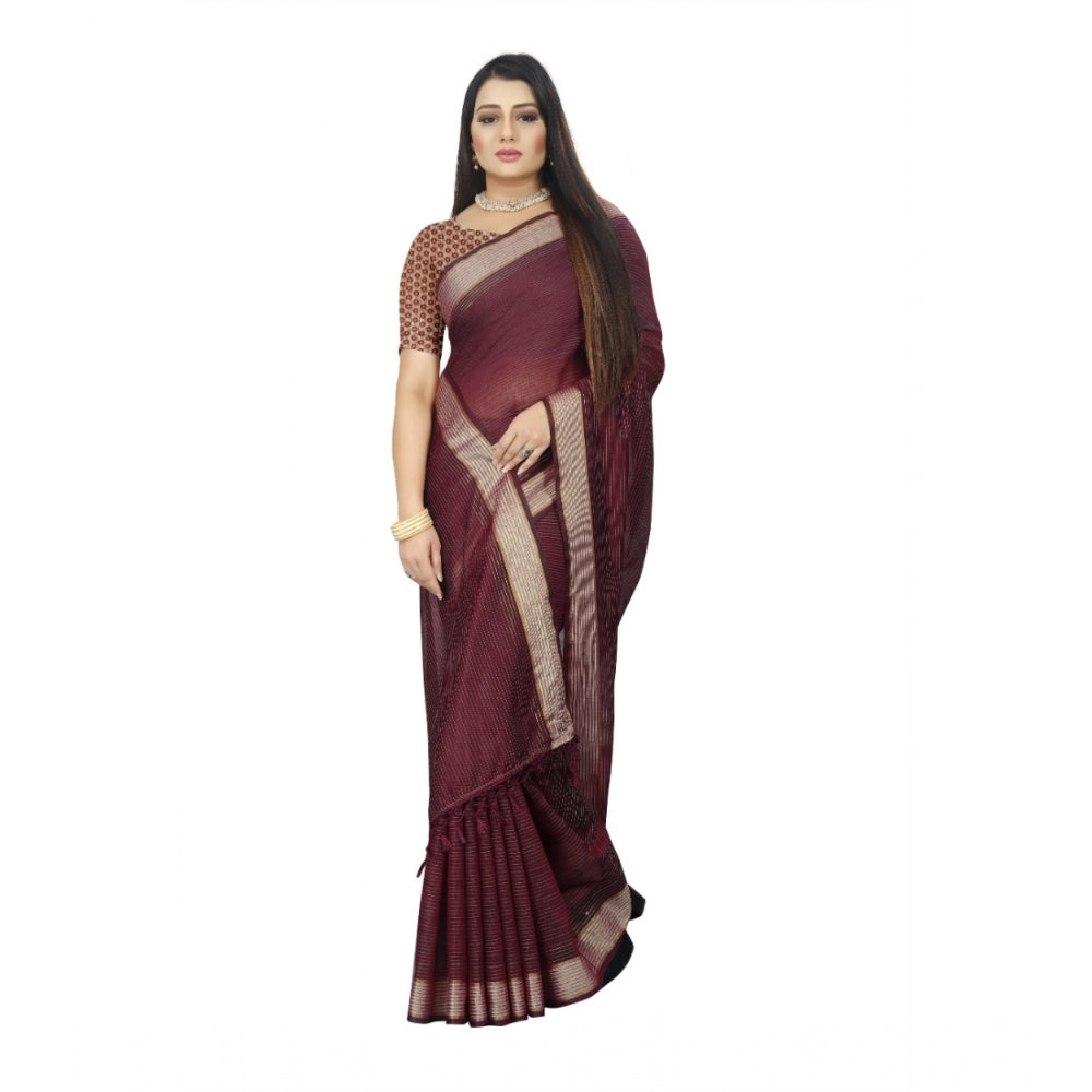 Women's Cotton Blend Solid/Plain Saree With Unstitched Blouse 5.5Mtr (Brown)