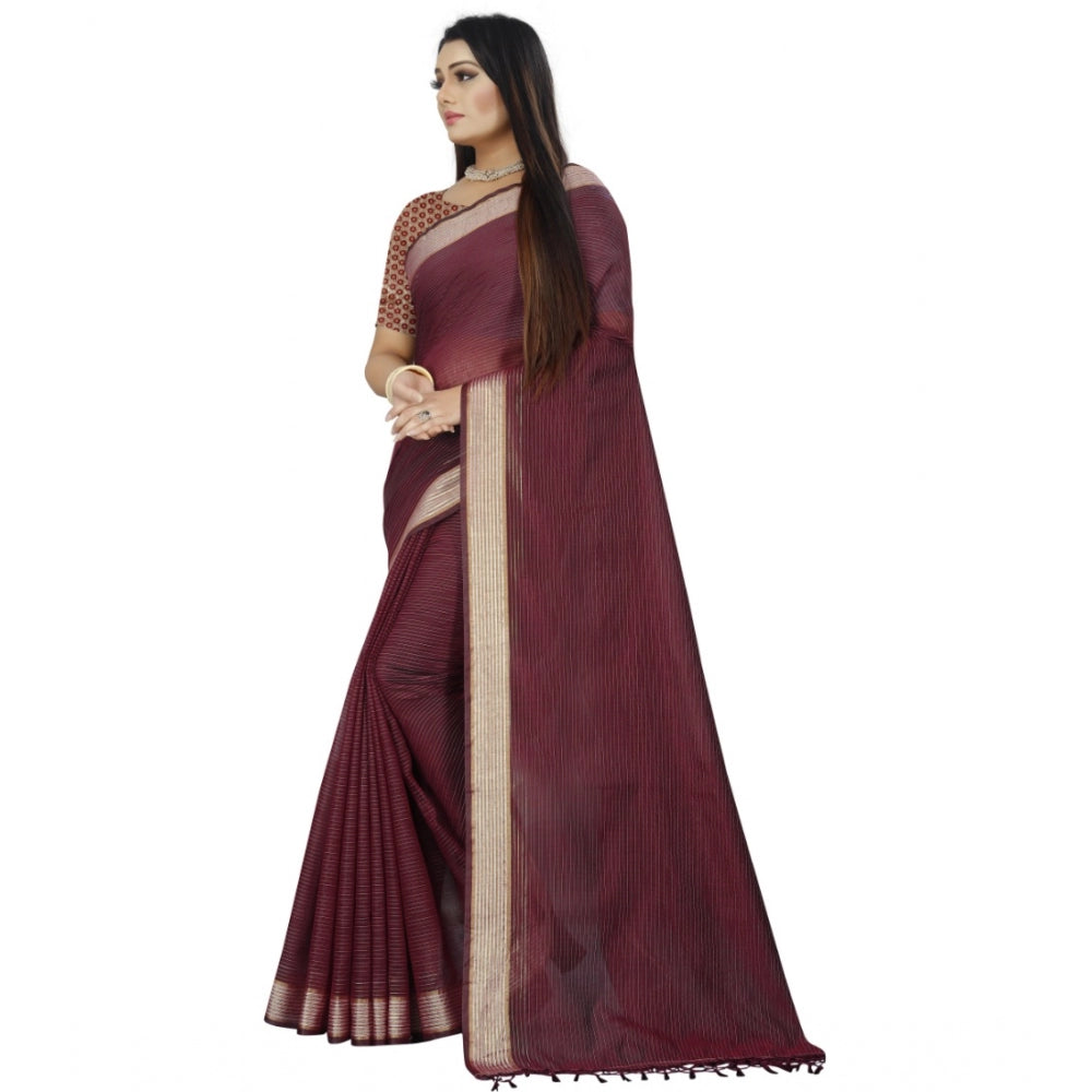 Women's Cotton Blend Solid/Plain Saree With Unstitched Blouse 5.5Mtr (Brown)