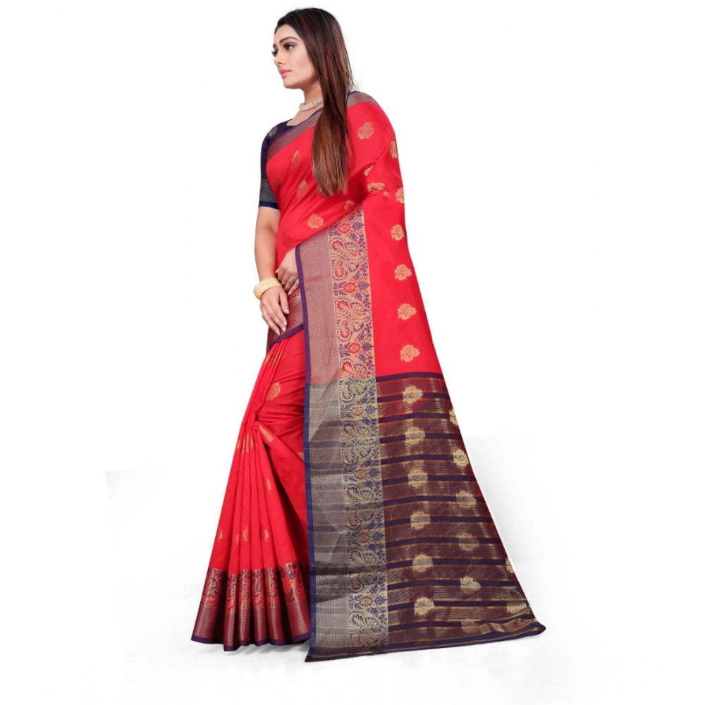 Women's Silk Blend Woven Saree With Unstitched Blouse 5.5Mtr (Red)