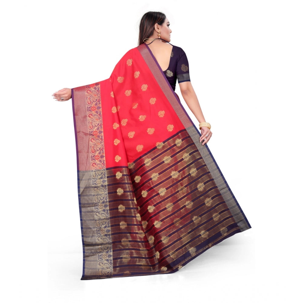 Women's Silk Blend Woven Saree With Unstitched Blouse 5.5Mtr (Red)