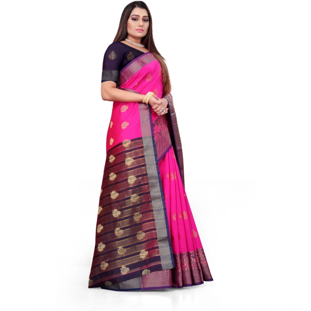 Women's Silk Blend Woven Saree With Unstitched Blouse 5.5Mtr (Pink)