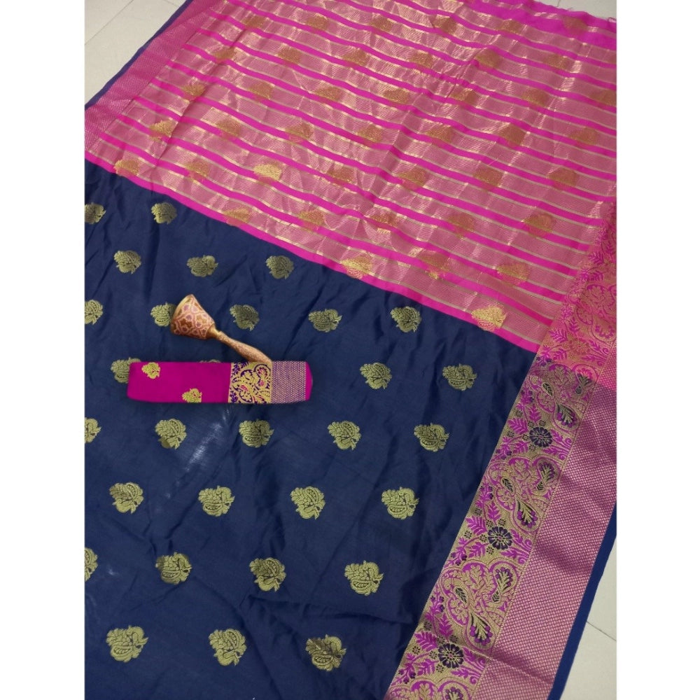 Women's Silk Blend Woven Saree With Unstitched Blouse 5.5Mtr (Dark Blue)