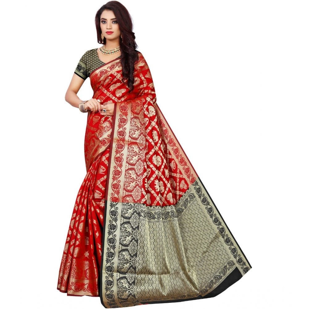 Women's Jacquard Woven Saree With Unstitched Blouse 5.5Mtr (Red)