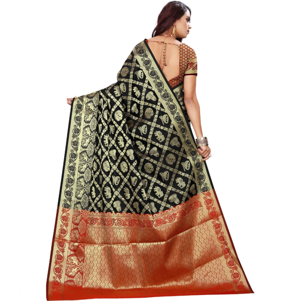 Women's Jacquard Woven Saree With Unstitched Blouse 5.5Mtr (Black)