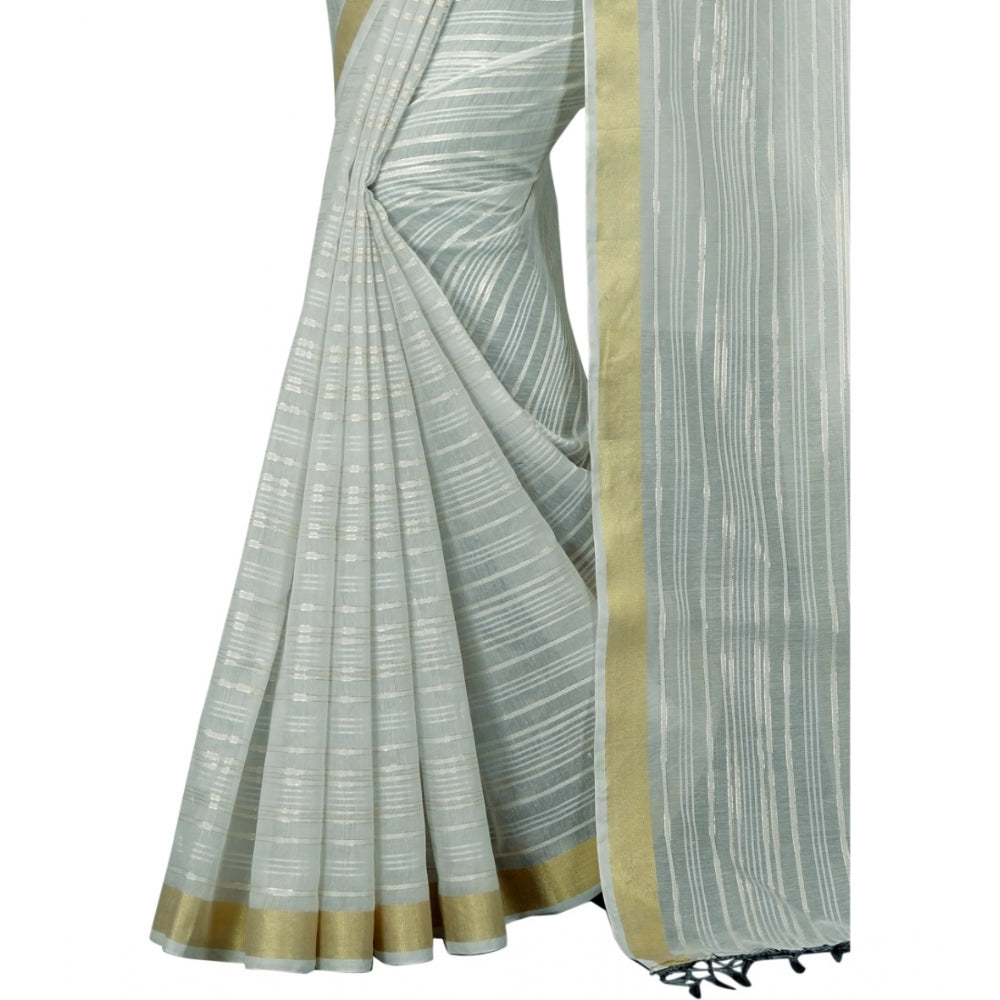 Women's Cotton Blend Solid/Plain Saree With Unstitched Blouse 5.5Mtr (Light Blue)