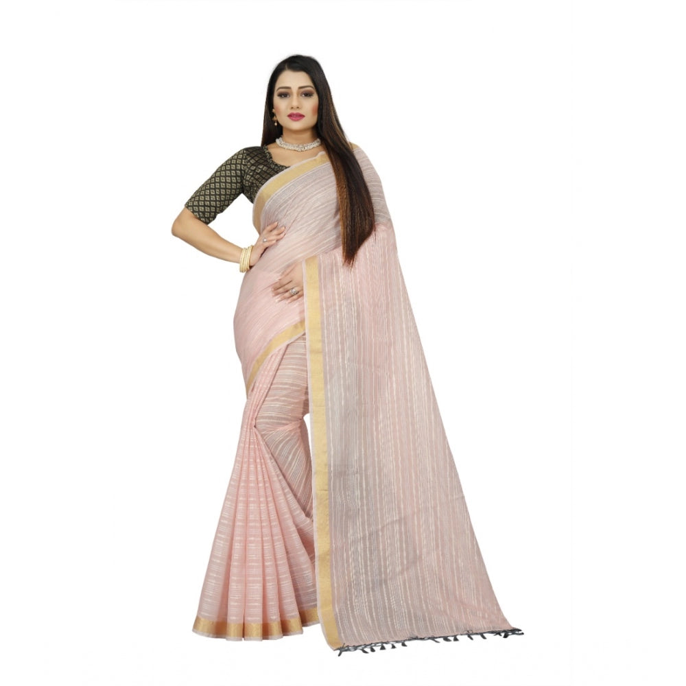 Women's Cotton Blend Solid/Plain Saree With Unstitched Blouse 5.5Mtr (Pink)