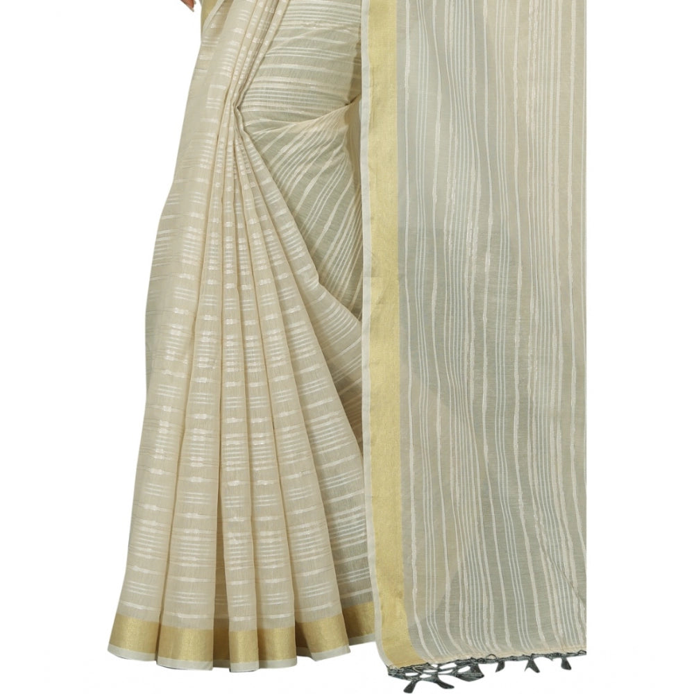 Women's Cotton Blend Solid/Plain Saree With Unstitched Blouse 5.5Mtr (Cream)