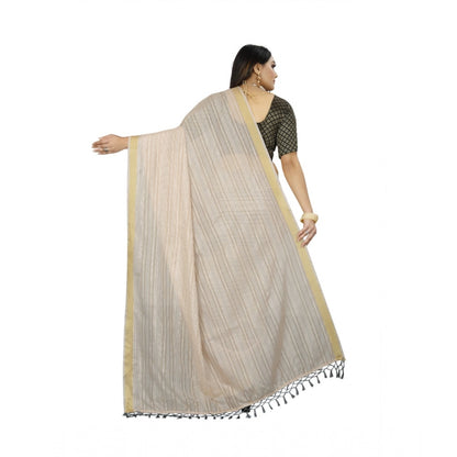 Women's Cotton Blend Solid/Plain Saree With Unstitched Blouse 5.5Mtr (Beige)