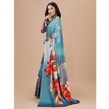 Women's Crepe Digital Print Saree With Unstitched Blouse 5.5Mtr (Blue)