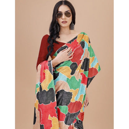 Women's Crepe Digital Print Saree With Unstitched Blouse 5.5Mtr (Red)