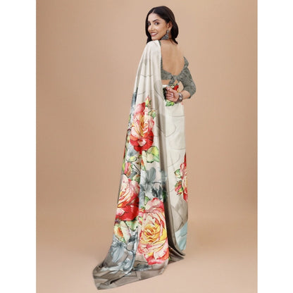 Women's Crepe Digital Print Saree With Unstitched Blouse 5.5Mtr (Grey)