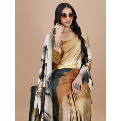 Women's Crepe Digital Print Saree With Unstitched Blouse 5.5Mtr (Brown)