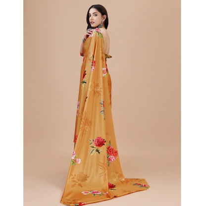 Women's Crepe Digital Print Saree With Unstitched Blouse 5.5Mtr (Mustard)