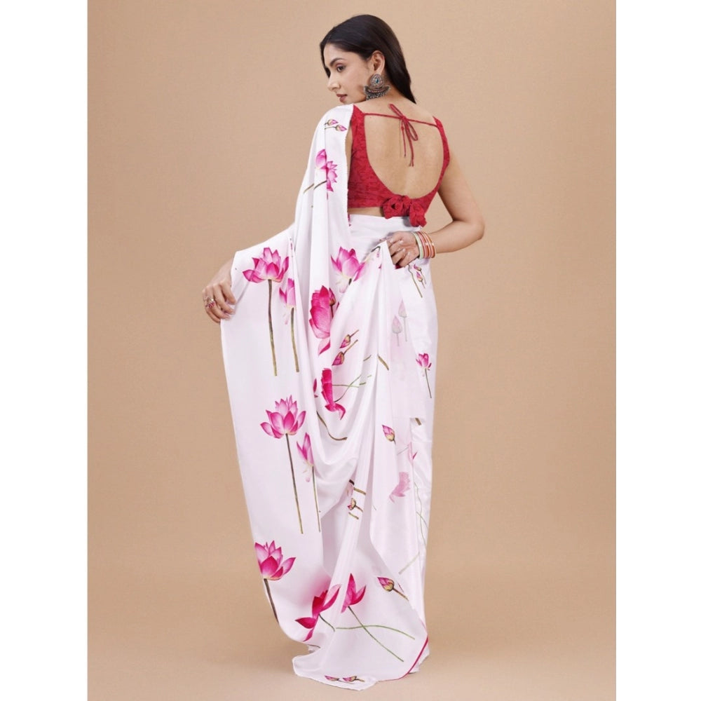 Women's Crepe Digital Print Saree With Unstitched Blouse 5.5Mtr (White)