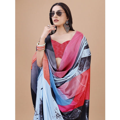 Women's Crepe Digital Print Saree With Unstitched Blouse 5.5Mtr (Light Blue)