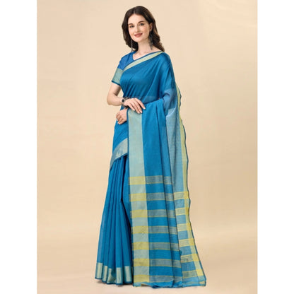 Women's Cotton Silk Striped Saree With Unstitched Blouse 5.5Mtr (Light Blue)