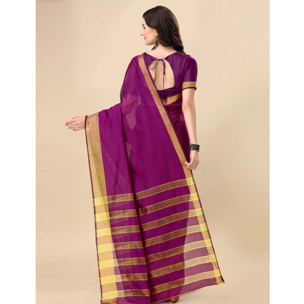 Women's Cotton Silk Striped Saree With Unstitched Blouse 5.5Mtr (Purple)