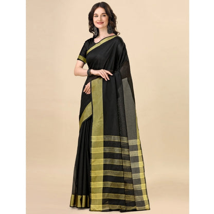 Women's Cotton Silk Striped Saree With Unstitched Blouse 5.5Mtr (Black)