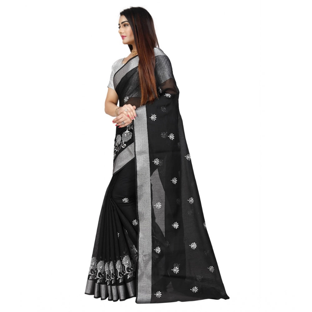 Women's Cotton Silk Embroidered Saree With Unstitched Blouse 5.5Mtr (Black)