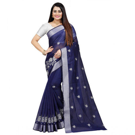 Women's Cotton Silk Embroidered Saree With Unstitched Blouse 5.5Mtr (Blue)