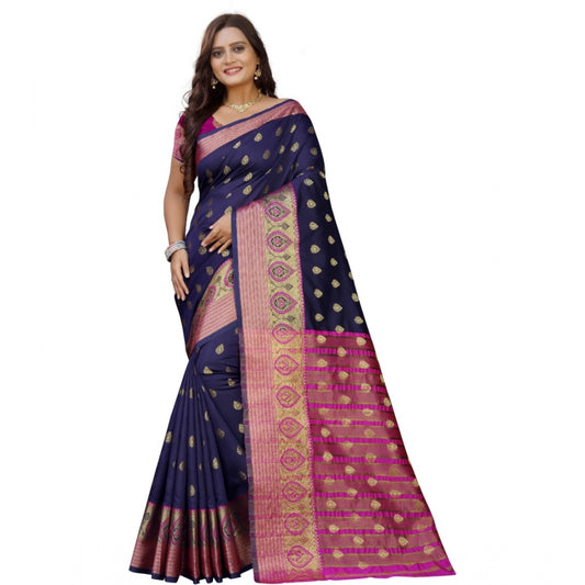 Women's Silk Blend Woven Saree With Unstitched Blouse 5.5Mtr (Dark Blue-Pink)