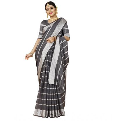 Women's Cotton Silk Striped Saree With Unstitched Blouse 5.5Mtr (Grey)