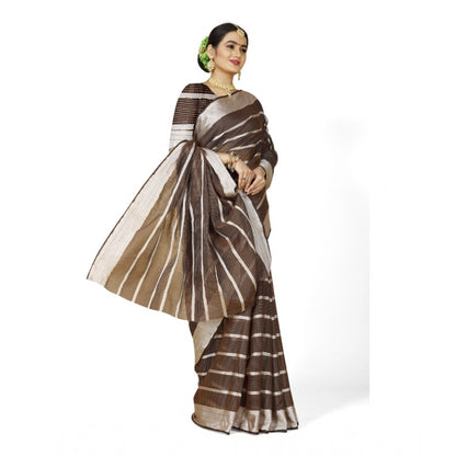 Women's Cotton Silk Striped Saree With Unstitched Blouse 5.5Mtr (Brown)