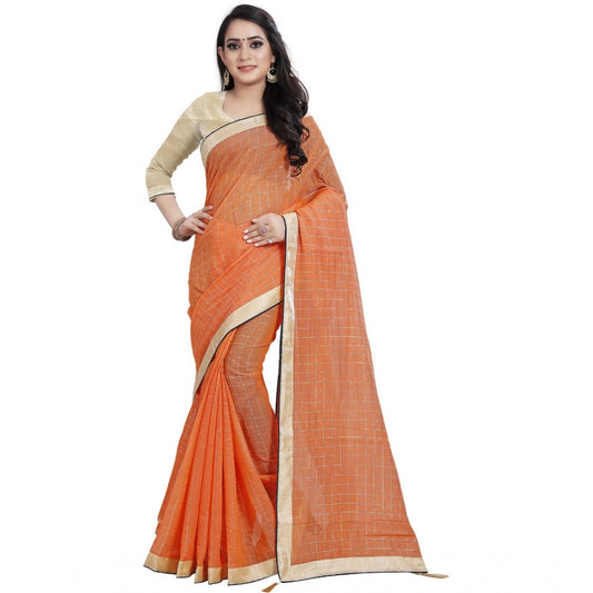 Women's Cotton Silk Checkered Saree With Unstitched Blouse 5.5Mtr (Orange)