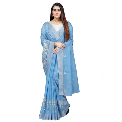 Women's Cotton Silk Embroidered Saree With Unstitched Blouse 5.5Mtr (Light Blue)