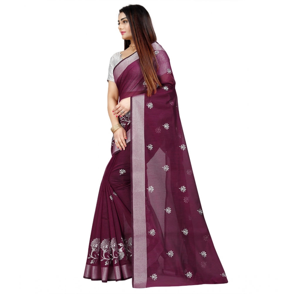 Women's Cotton Silk Embroidered Saree With Unstitched Blouse 5.5Mtr (Purple)