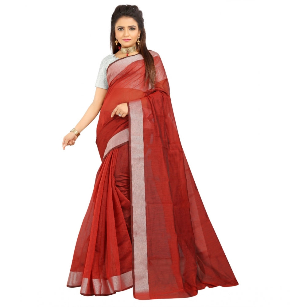 Women's Cotton Silk Self Design Saree With Unstitched Blouse 5.5Mtr (Red)