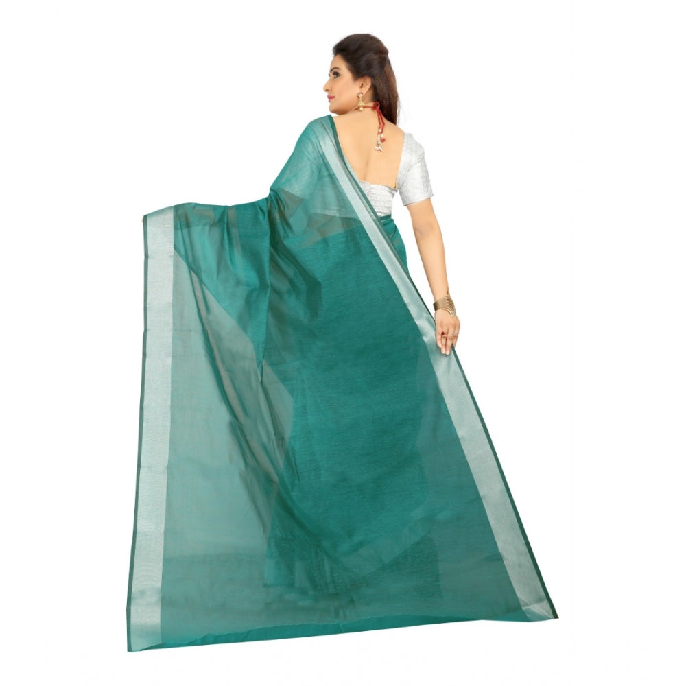 Women's Cotton Silk Self Design Saree With Unstitched Blouse 5.5Mtr (Dark Green)