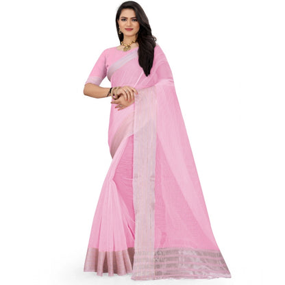 Women's Cotton Jute Self Design Saree With Unstitched Blouse 5.5Mtr (Pink)