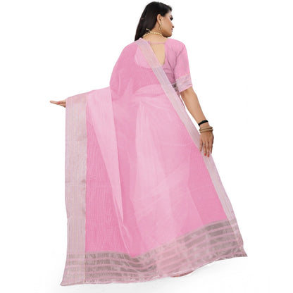 Women's Cotton Jute Self Design Saree With Unstitched Blouse 5.5Mtr (Pink)