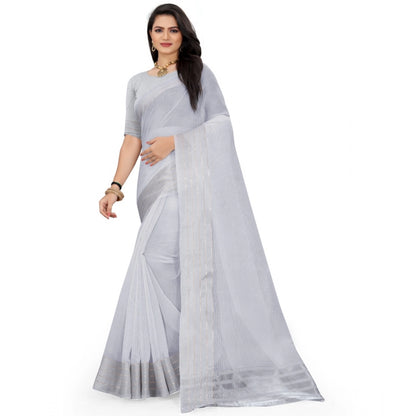 Women's Cotton Jute Self Design Saree With Unstitched Blouse 5.5Mtr (Grey)