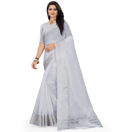 Women's Cotton Jute Self Design Saree With Unstitched Blouse 5.5Mtr (Grey)