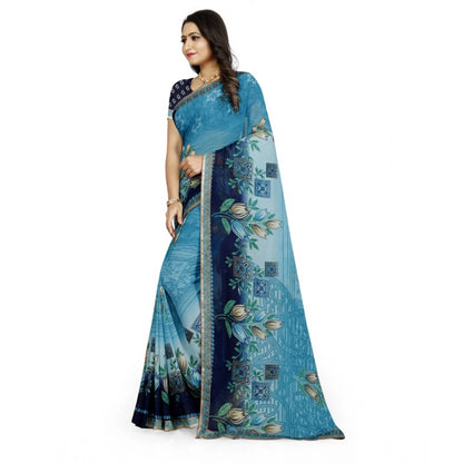 Women's Georgette Floral Print Saree With Unstitched Blouse 5.5Mtr (Light Blue)